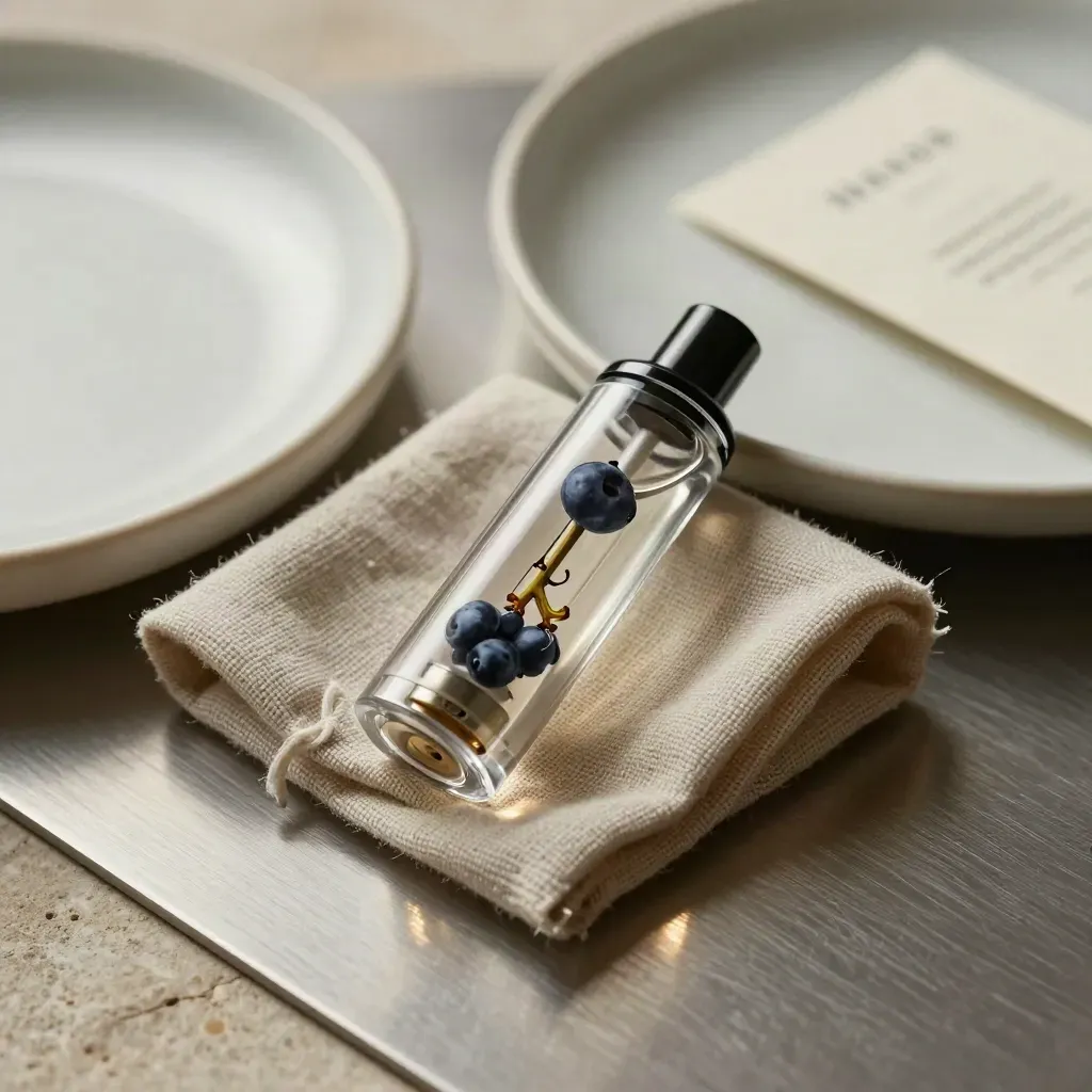 Smoked berry vape cartridge nestled in linen beside a pale ceramic dish