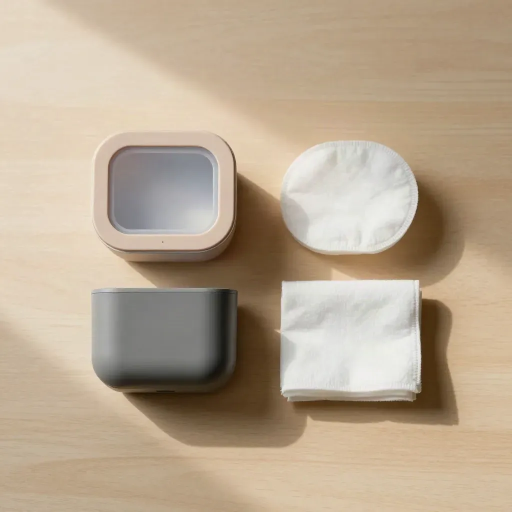 Top-down flatlay of a starter pod, battery base, and folded cotton pad on pale wood.