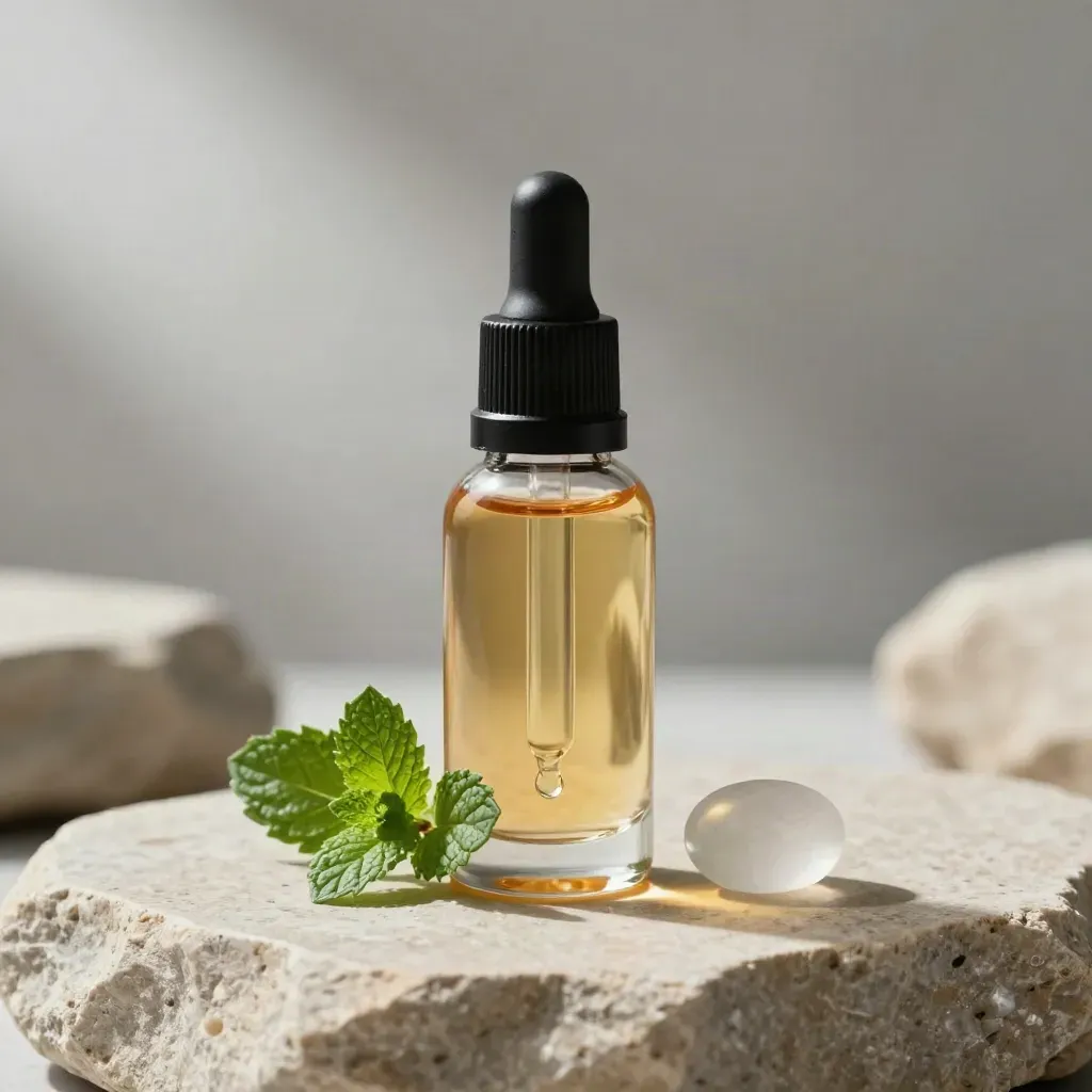 Amber hemp mint e-liquid bottle with dropper, mint leaf and frosted glass pebble on stone.