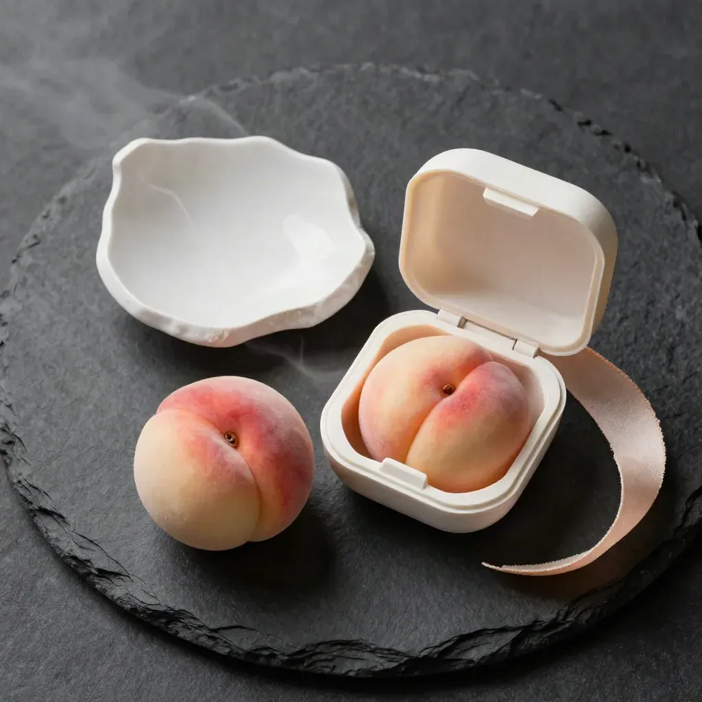 Top-down product shot of an opened peach ice pod pack with two pods and ceramic shard.