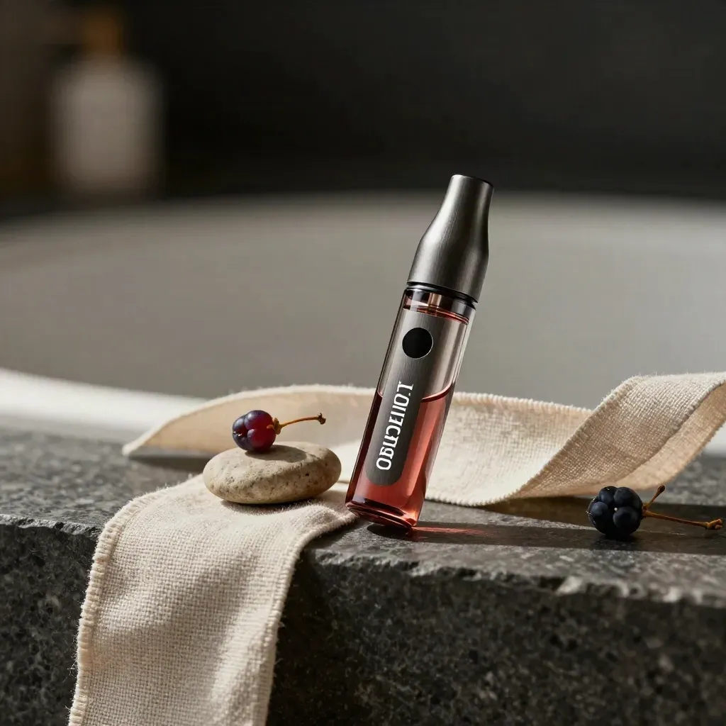 Rose-tinted CBD vape cart on dark stone with linen, pebble, and berry stem