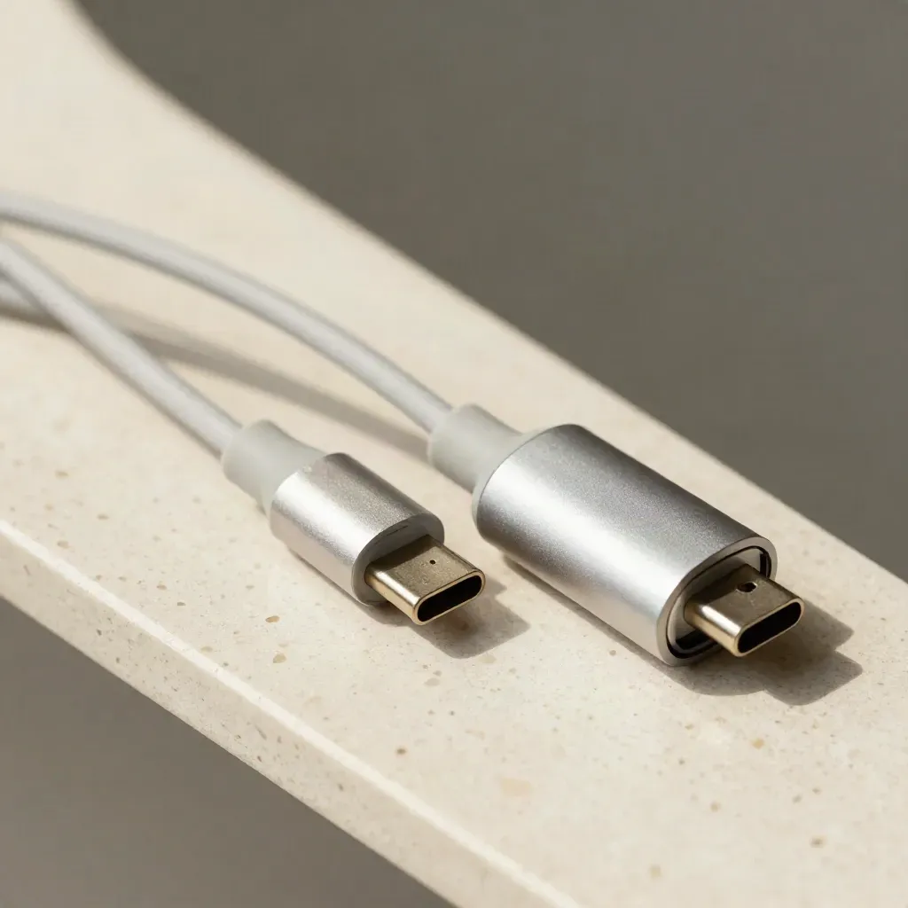 Macro of a USB-C vape charger cable, puck, and aluminum plug on travertine.