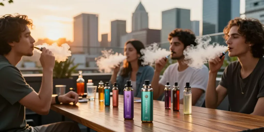 Genießen des Al Fakher Vape 8000 auf einer Dachterrasse in der City mit Freunden.